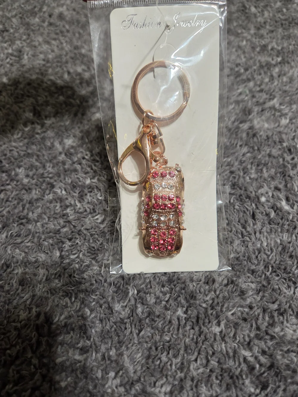 Fashion Jewelry Rose Gold Car Keychain with Pink Rhinestones